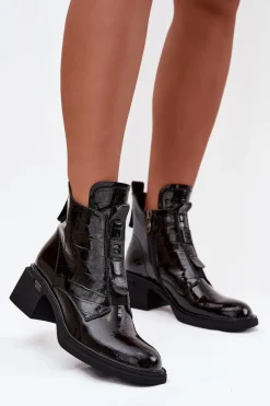 Sale Boto Lakierowane Skórzane Botki Damskie Z Tłoczeniem Na Klocku Czarne Lorenza