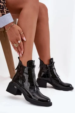 Sale Boto Lakierowane Skórzane Botki Damskie Z Tłoczeniem Na Klocku Czarne Lorenza