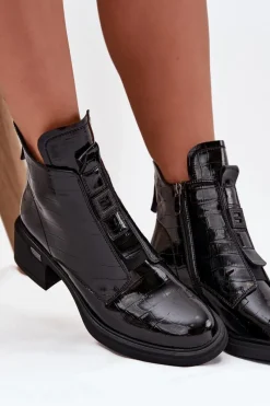 Sale Boto Lakierowane Skórzane Botki Damskie Z Tłoczeniem Na Klocku Czarne Lorenza