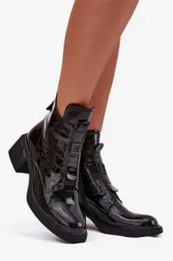 Sale Boto Lakierowane Skórzane Botki Damskie Z Tłoczeniem Na Klocku Czarne Lorenza