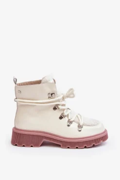 New Lakierowane Skórzane Botki Trapery Damskie MM2N4083 Białe Damskie Botki Ocieplane|Damskie Trapery