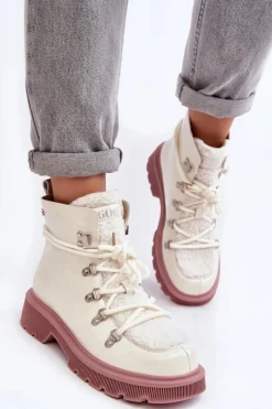 New Lakierowane Skórzane Botki Trapery Damskie MM2N4083 Białe Damskie Botki Ocieplane|Damskie Trapery