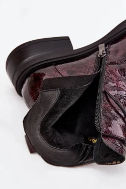 Sale Lakierowane Skórzane Botki Damskie Na Klocku LZ52-954 Bordowe Damskie Botki Ocieplane|Czarne Botki