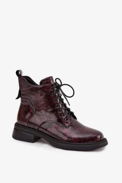 Sale Lakierowane Skórzane Botki Damskie Na Klocku LZ52-954 Bordowe Damskie Botki Ocieplane|Czarne Botki