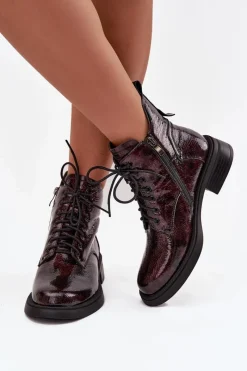 Sale Lakierowane Skórzane Botki Damskie Na Klocku LZ52-954 Bordowe Damskie Botki Ocieplane|Czarne Botki