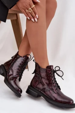 Sale Lakierowane Skórzane Botki Damskie Na Klocku LZ52-954 Bordowe Damskie Botki Ocieplane|Czarne Botki