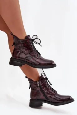 Sale Lakierowane Skórzane Botki Damskie Na Klocku LZ52-954 Bordowe Damskie Botki Ocieplane|Czarne Botki