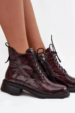 Sale Lakierowane Skórzane Botki Damskie Na Klocku LZ52-954 Bordowe Damskie Botki Ocieplane|Czarne Botki