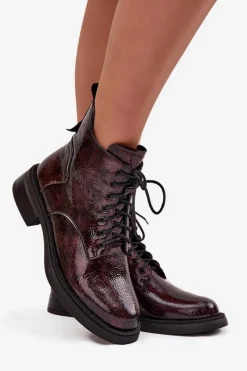 Sale Lakierowane Skórzane Botki Damskie Na Klocku LZ52-954 Bordowe Damskie Botki Ocieplane|Czarne Botki