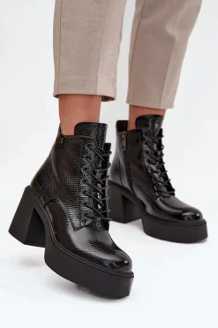 Botki Ocieplane|Botki Skórzane>Buty damskie Vinceza Lakierowane Skórzane Botki Damskie Na Platformie I Słupku Vinceza 66817 Czarne