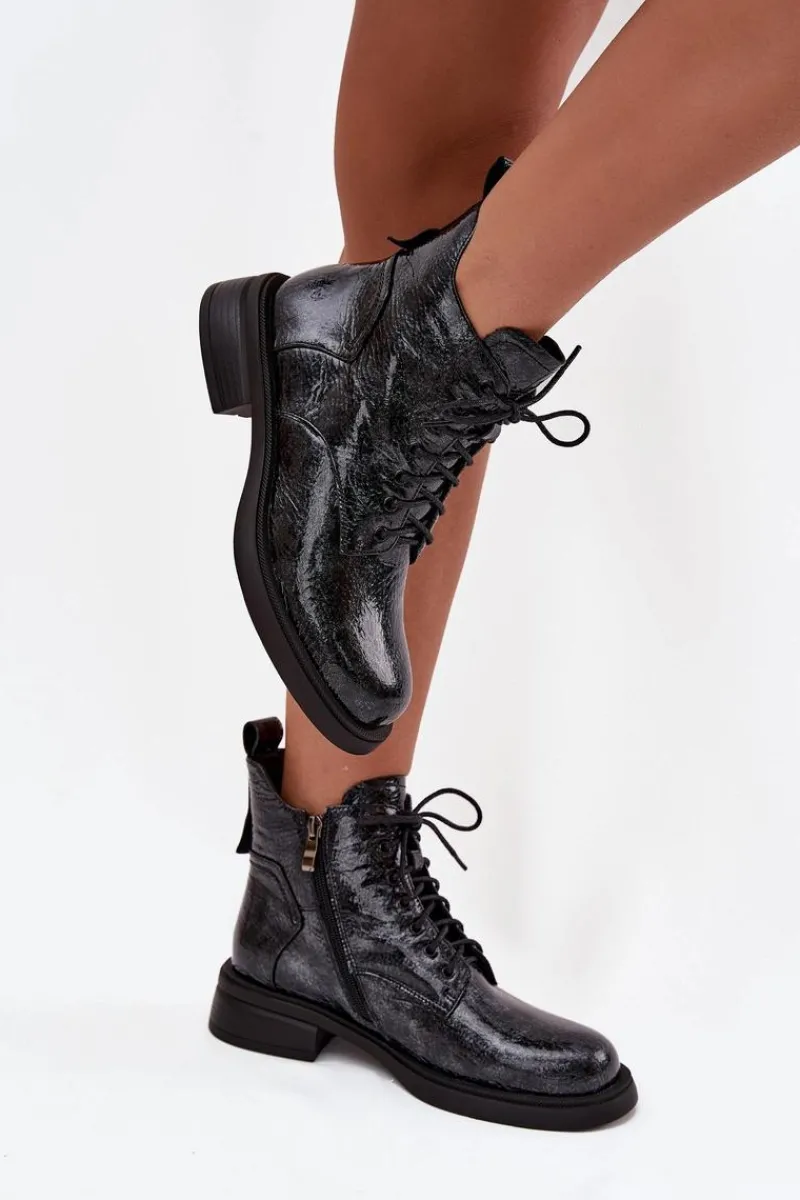 Hot Lakierowane Skórzane Botki Damskie Na Klocku LZ52-954 Granatowe Damskie Botki Ocieplane|Czarne Botki