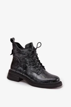 Hot Lakierowane Skórzane Botki Damskie Na Klocku LZ52-954 Granatowe Damskie Botki Ocieplane|Czarne Botki