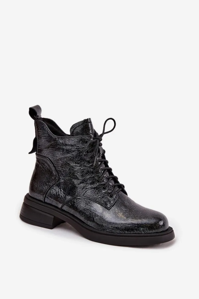 Hot Lakierowane Skórzane Botki Damskie Na Klocku LZ52-954 Granatowe Damskie Botki Ocieplane|Czarne Botki