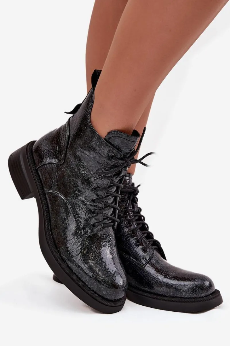 Hot Lakierowane Skórzane Botki Damskie Na Klocku LZ52-954 Granatowe Damskie Botki Ocieplane|Czarne Botki