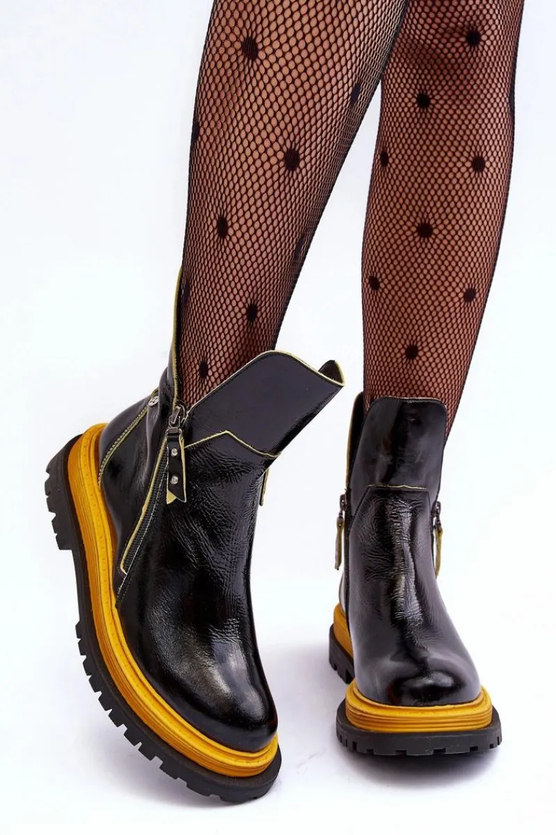 Outlet Maciejka Lakierowane Skórzane Botki Damskie 05747-07 Czarne