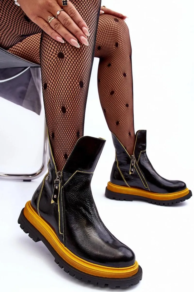 Outlet Maciejka Lakierowane Skórzane Botki Damskie 05747-07 Czarne