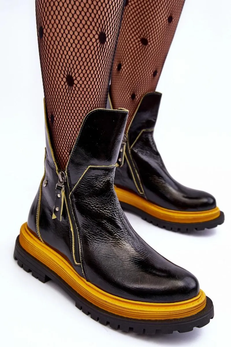 Outlet Maciejka Lakierowane Skórzane Botki Damskie 05747-07 Czarne