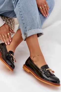 Discount Damskie buty S.Barski Lakierowane Skórzane Eleganckie Mokasyny Na Płaskim Obcasie S.Barski LR51-768A Czarne