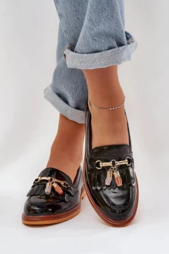 Discount Damskie buty S.Barski Lakierowane Skórzane Eleganckie Mokasyny Na Płaskim Obcasie S.Barski LR51-768A Czarne