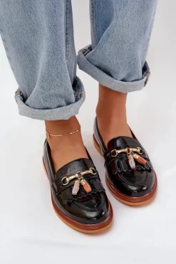 Discount Damskie buty S.Barski Lakierowane Skórzane Eleganckie Mokasyny Na Płaskim Obcasie S.Barski LR51-768A Czarne