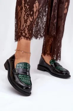 Hot Buty damskie Vinceza Lakierowane Skórzane Mokasyny Damskie Vinceza 91125 Zielono-Czarne