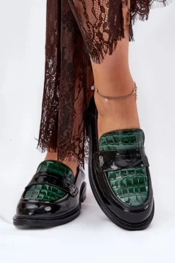 Hot Buty damskie Vinceza Lakierowane Skórzane Mokasyny Damskie Vinceza 91125 Zielono-Czarne