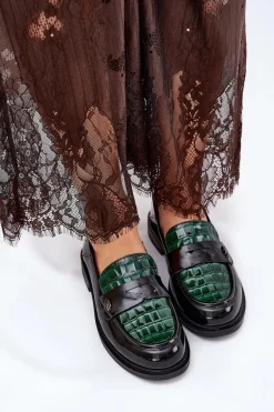 Hot Buty damskie Vinceza Lakierowane Skórzane Mokasyny Damskie Vinceza 91125 Zielono-Czarne