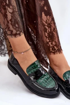Hot Buty damskie Vinceza Lakierowane Skórzane Mokasyny Damskie Vinceza 91125 Zielono-Czarne
