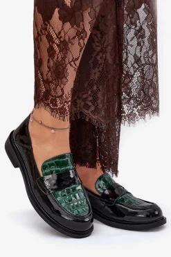 Hot Buty damskie Vinceza Lakierowane Skórzane Mokasyny Damskie Vinceza 91125 Zielono-Czarne