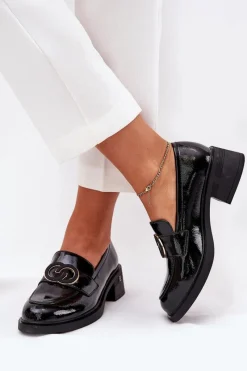 Loafersy Damskie|Mokasyny Damskie Lakierowane>Buty damskie Vinceza Lakierowane Skórzane Mokasyny Na Obcasie Vinceza 18102 Czarne
