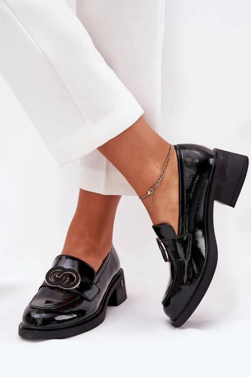 Loafersy Damskie|Mokasyny Damskie Lakierowane>Buty damskie Vinceza Lakierowane Skórzane Mokasyny Na Obcasie Vinceza 18102 Czarne