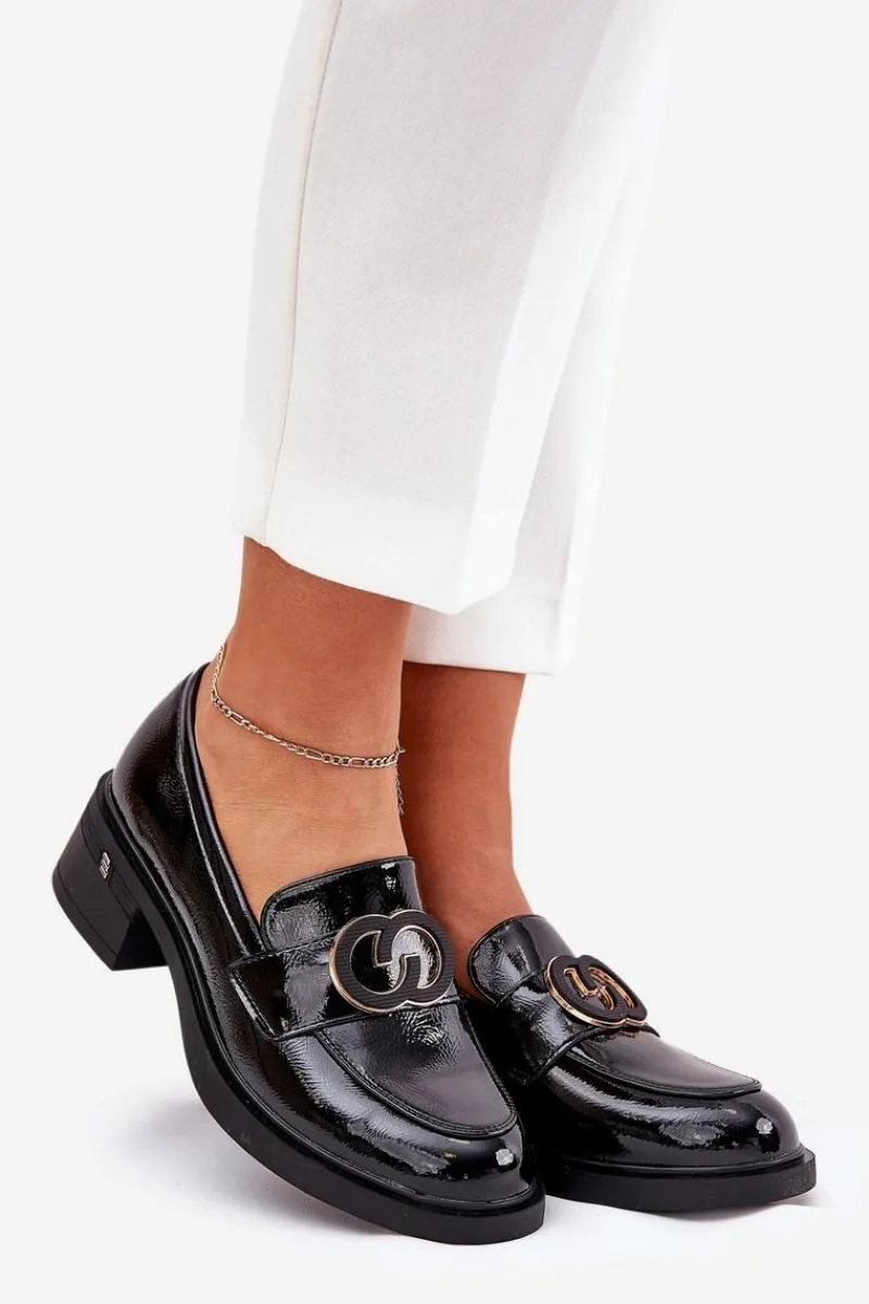 Loafersy Damskie|Mokasyny Damskie Lakierowane>Buty damskie Vinceza Lakierowane Skórzane Mokasyny Na Obcasie Vinceza 18102 Czarne