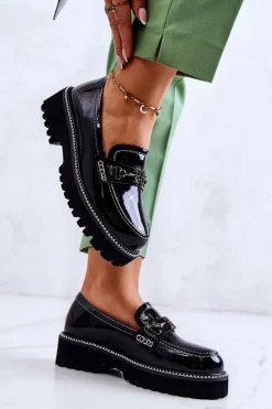 Półbuty Lakierowane>Damskie buty S.Barski Lakierowane Skórzane Półbuty Z Ozdobą Czarne Adison