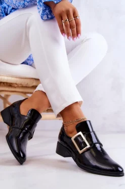 Sale Boto Lakierowane Skórzane Półbuty Ze Sprzączką Czarne Taliya