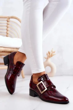 New Boto Lakierowane Skórzane Półbuty Ze Sprzączką Bordowe Taliya