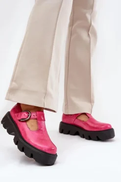 Discount Lakierowane Skórzane Półbuty Z Klamrą 20183 Fuksja Damskie Półbuty Skórzane