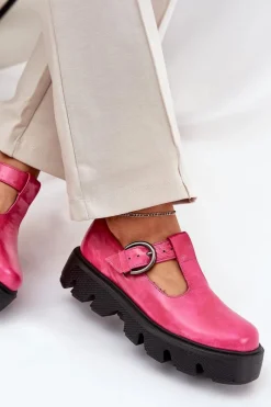 Discount Lakierowane Skórzane Półbuty Z Klamrą 20183 Fuksja Damskie Półbuty Skórzane