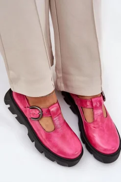 Discount Lakierowane Skórzane Półbuty Z Klamrą 20183 Fuksja Damskie Półbuty Skórzane