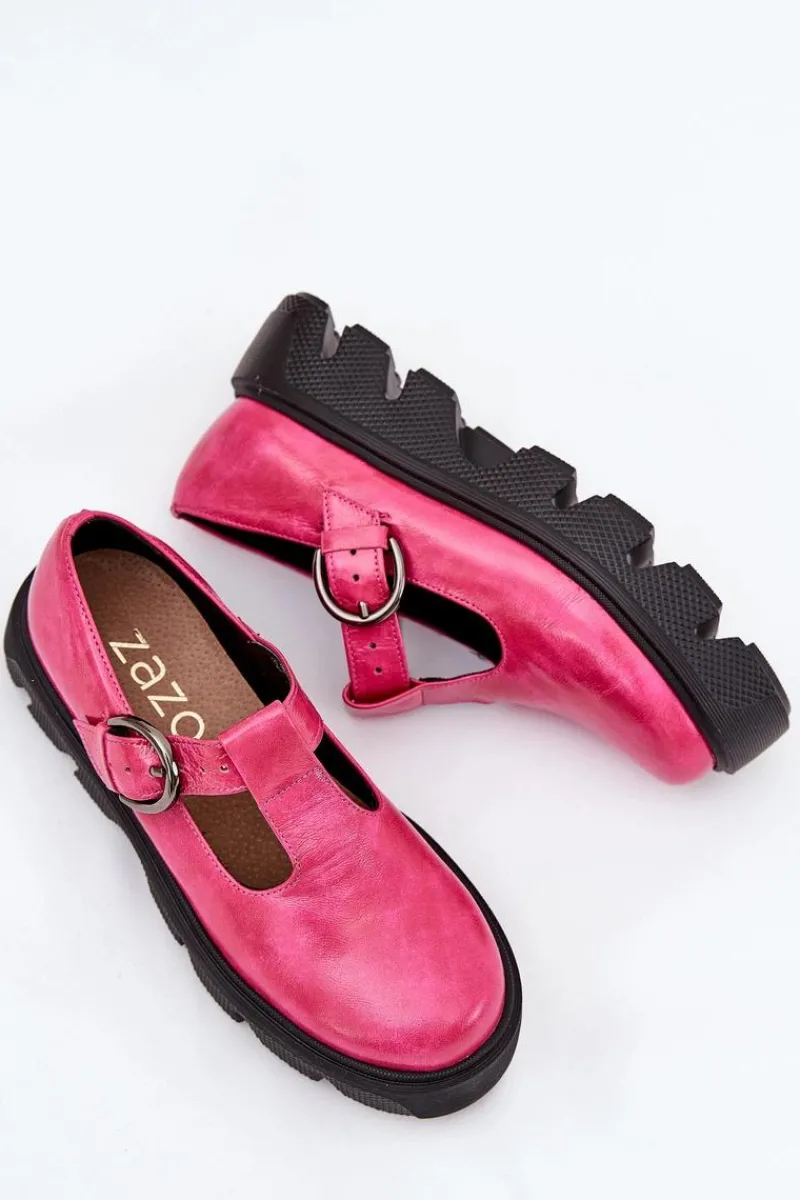 Discount Lakierowane Skórzane Półbuty Z Klamrą 20183 Fuksja Damskie Półbuty Skórzane
