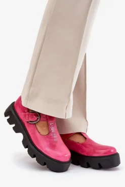 Discount Lakierowane Skórzane Półbuty Z Klamrą 20183 Fuksja Damskie Półbuty Skórzane
