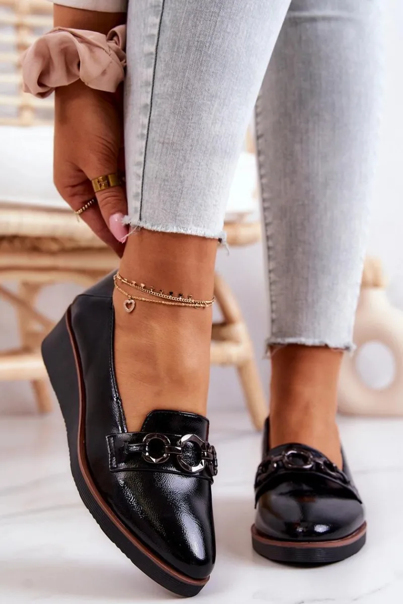 Discount Lakierowane Skórzane Półbuty Na Koturnie Czarne Melodie Damskie Półbuty Lakierowane