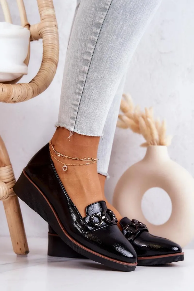 Discount Lakierowane Skórzane Półbuty Na Koturnie Czarne Melodie Damskie Półbuty Lakierowane