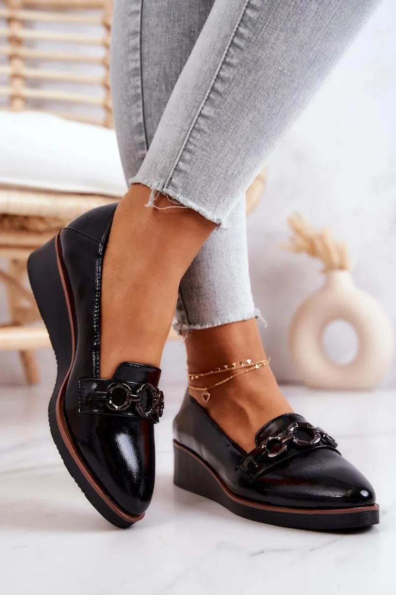 Discount Lakierowane Skórzane Półbuty Na Koturnie Czarne Melodie Damskie Półbuty Lakierowane