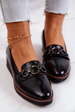 Discount Lakierowane Skórzane Półbuty Na Koturnie Czarne Melodie Damskie Półbuty Lakierowane