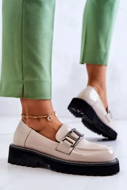 Best Lakierowane Skórzane Półbuty Jasnobeżowe Corine Damskie Półbuty Lakierowane