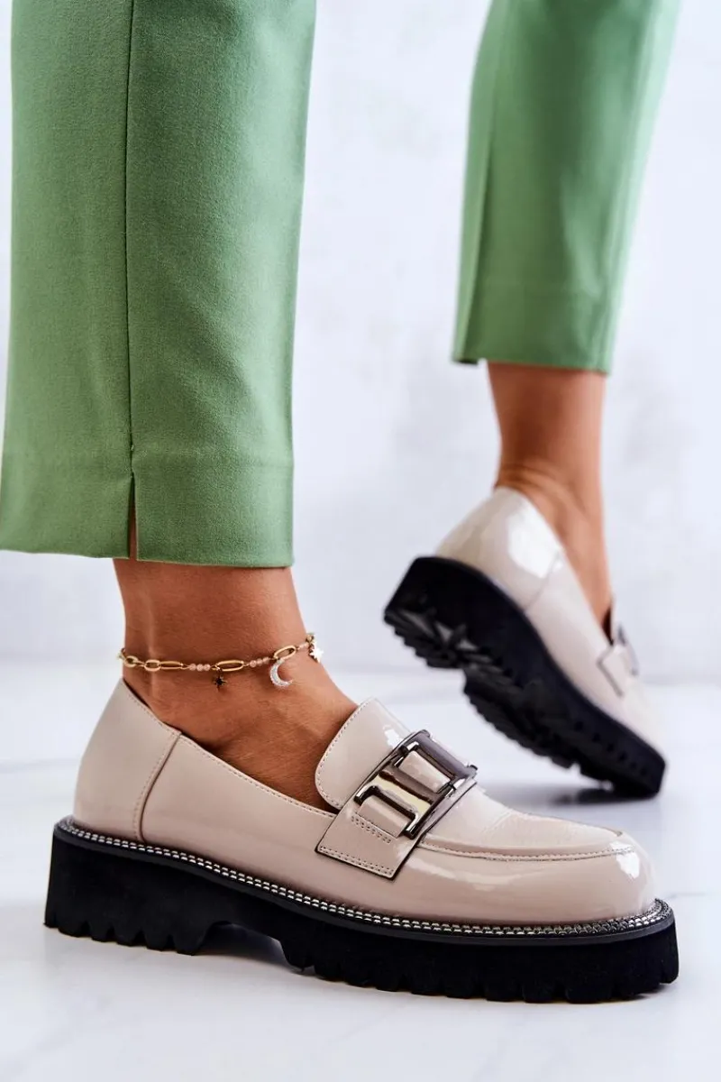 Best Lakierowane Skórzane Półbuty Jasnobeżowe Corine Damskie Półbuty Lakierowane