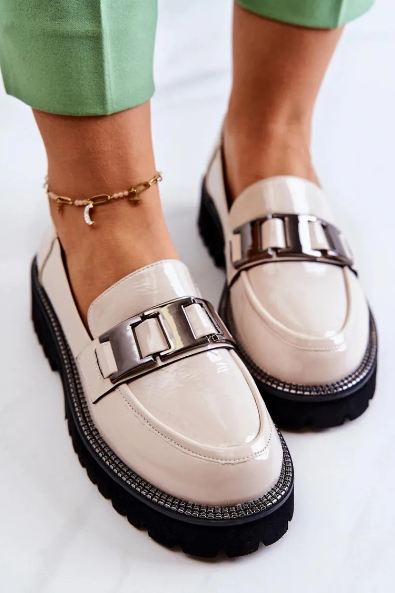 Best Lakierowane Skórzane Półbuty Jasnobeżowe Corine Damskie Półbuty Lakierowane