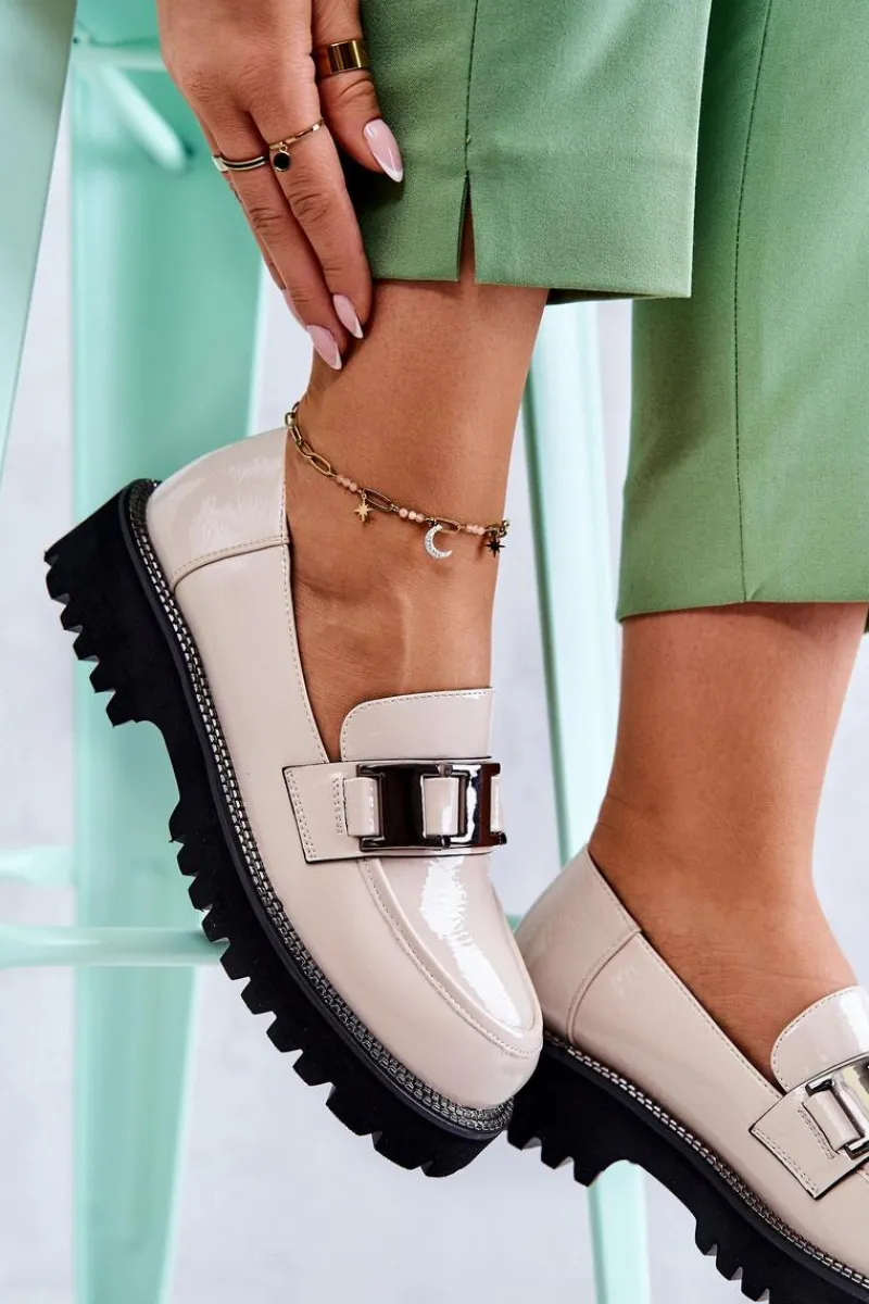 Best Lakierowane Skórzane Półbuty Jasnobeżowe Corine Damskie Półbuty Lakierowane