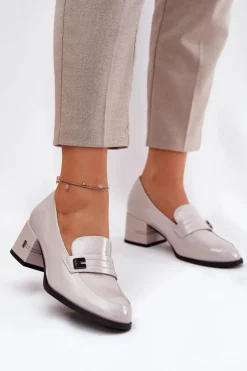 Outlet Buty damskie Vinceza Lakierowane Skórzane Półbuty Damskie Na Obcasie Vinceza 18105 Szare