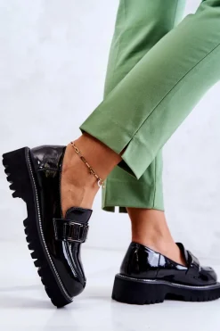 Lakierowane Skórzane Półbuty Czarne Corine Damskie Półbuty Lakierowane